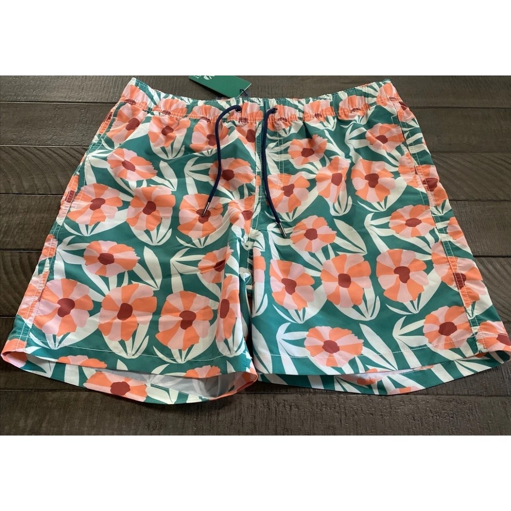 New Coast Clothing Co. Shorts Mens XL Orange Green Tropical Swim Quick Dry